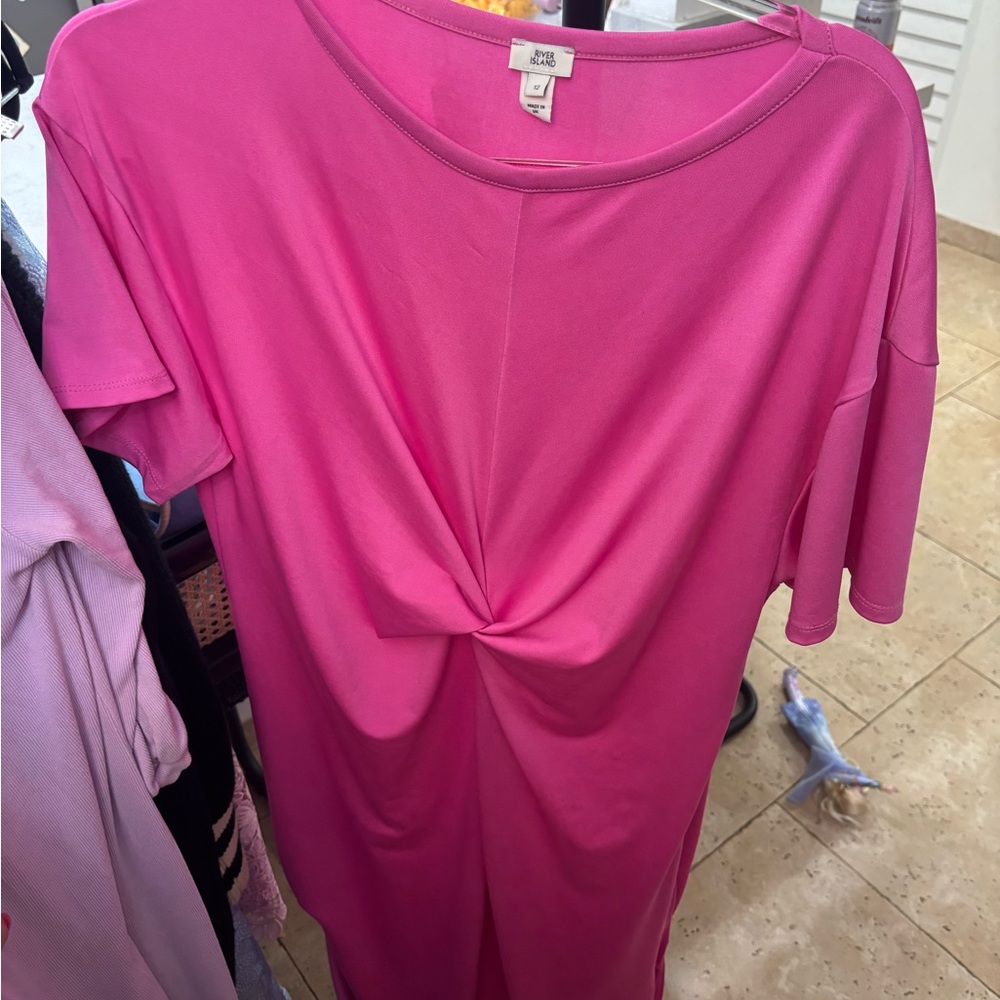 River Island Fuchsia Twist Front Pink Jersey Kaftan Dress with Side Slits